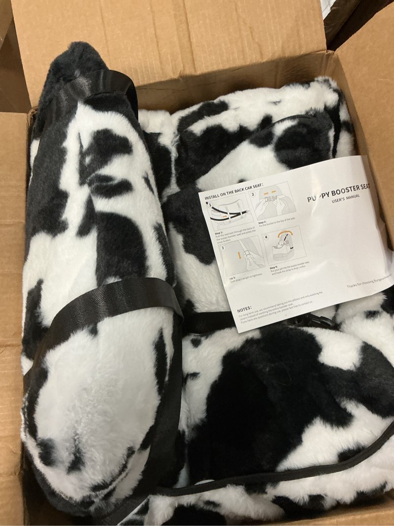 Condition photo showing New/Like New for burgeonnest dog car seat for small dogs, detachable and washable cat carseats under 25 lbs, soft pet booster seats with storage pockets and clip-on leash portable car travel carrier bed, milk cow small milk cow