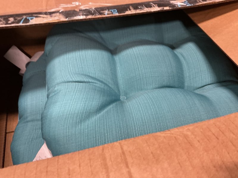 Condition photo showing Good Condition for pillow perfect forsyth solid indoor/outdoor wicker patio seat cushion reversible, weather and fade resistant, round corner - 19" x 19", blue, 2 count 19" x 19" blue forsyth pool