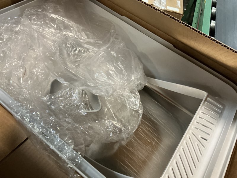 Condition photo showing As Is for stainless steel litter box | xl enclosed cat litter boxes with lid for big cats | high sided, anti-urine leakage | non-stick bottom & includes litter mat & metal scoop