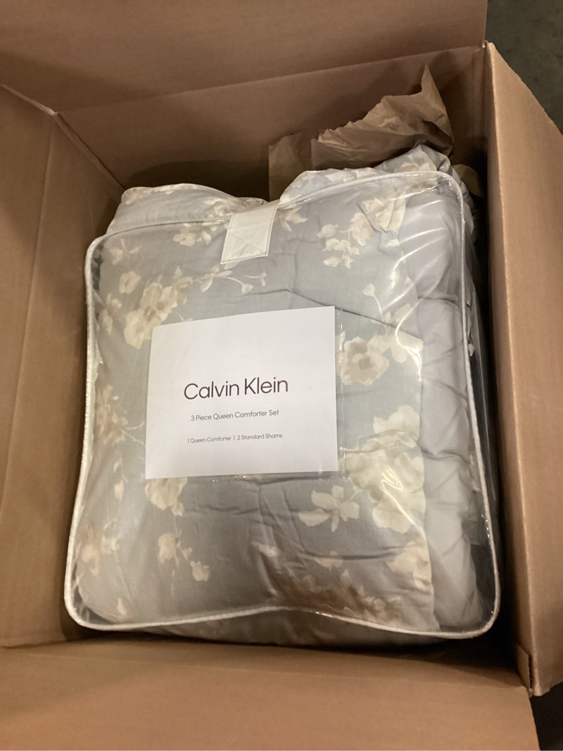 Condition photo showing As Is for (Similar pattern) Calvin Klein - Queen Comforter Set, Floral Inspired Soft Bedding with Matching Shams, Oeko-Tex Certified (Spring Branches Grey, Queen)