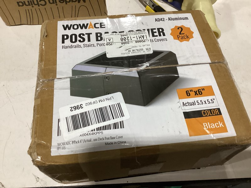 Condition photo showing Good Condition for deck post base cover – durable, snap-together shoe base instantly transforms hand & stair rail feet – porch, stair & deck base brackets covers – uv-resistant abs plastic (black) post 2"x2" base 4.5"x4.5" black