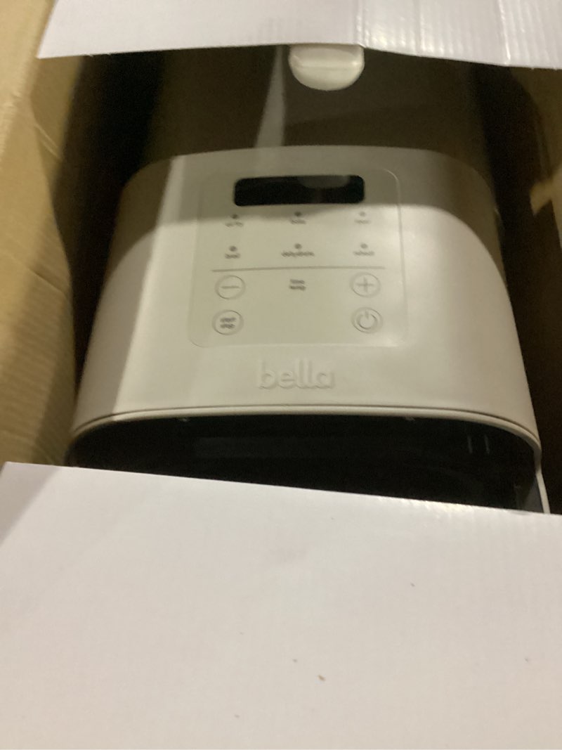 Condition photo showing As Is for bella 4qt slim air fryer, fits-anywhere™ kitchenware, evergood™ ceramic nonstick coating, adjustable temperature, 6 preset cooking options, 60 min auto shutoff w audible tone, 3.3lb capacity, oatmilk 4 qt oatmilk