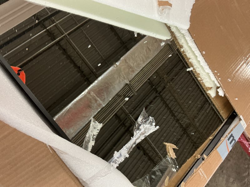 Condition photo showing As Is for 55x40 Inch Black Matte Framed Mirror for Bathroom, Rounded Rectangle Mirror, Bathroom Vanity Mirror for Wall, Anti-Rust, Shatterproof (Horizontal/Vertical) Black 55x40