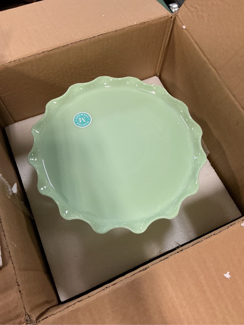 Condition photo showing Good Condition for Martha Stewart Highbrook 11" Jadeite Glass Cake Stand – Handmade Vintage-Style Dessert Stand with Ruffle Trim, Decorative Pedestal Cake Plate for Display & Serving 11" w/o Glass Dome Green (11")
