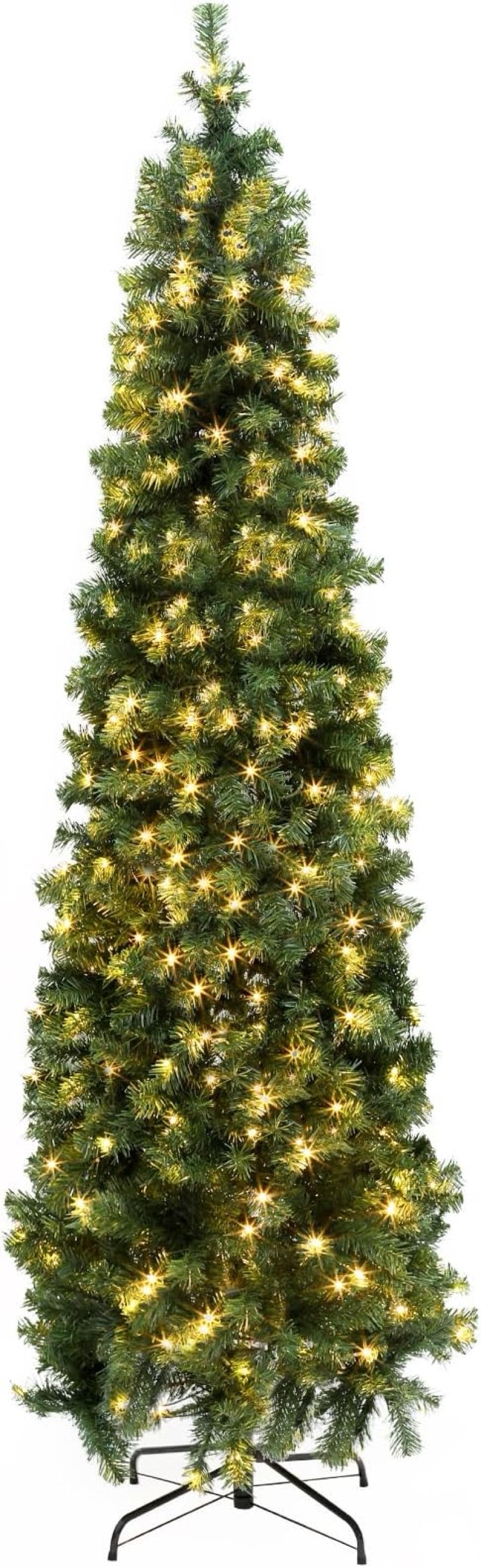 6.5ft Pre-Lit Pencil Artificial Holiday Slim Christmas Tree with Warm Lights and Metal Base Stand for Home, Office, Party Decoration,Green