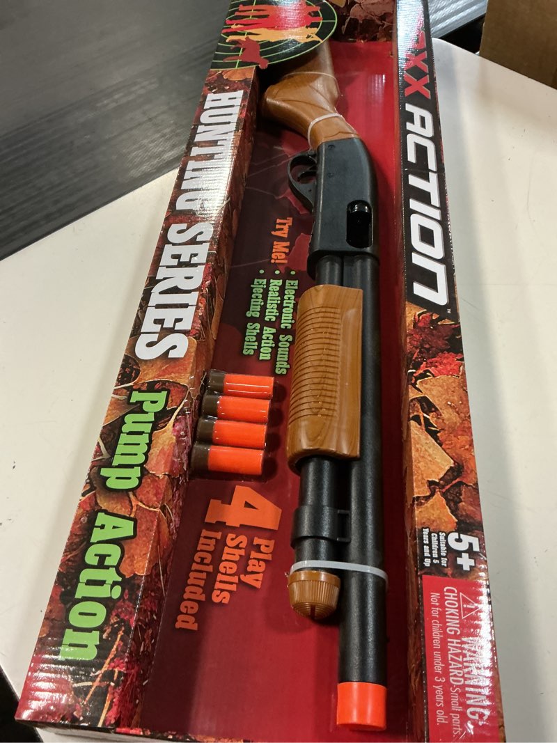 Condition photo showing Good Condition for sunny days entertainment pump action blaster – with realistic sounds and ejecting play shells | hunting role play toy | cowboy costume for kids – maxx action, wood grain wood grain blaster