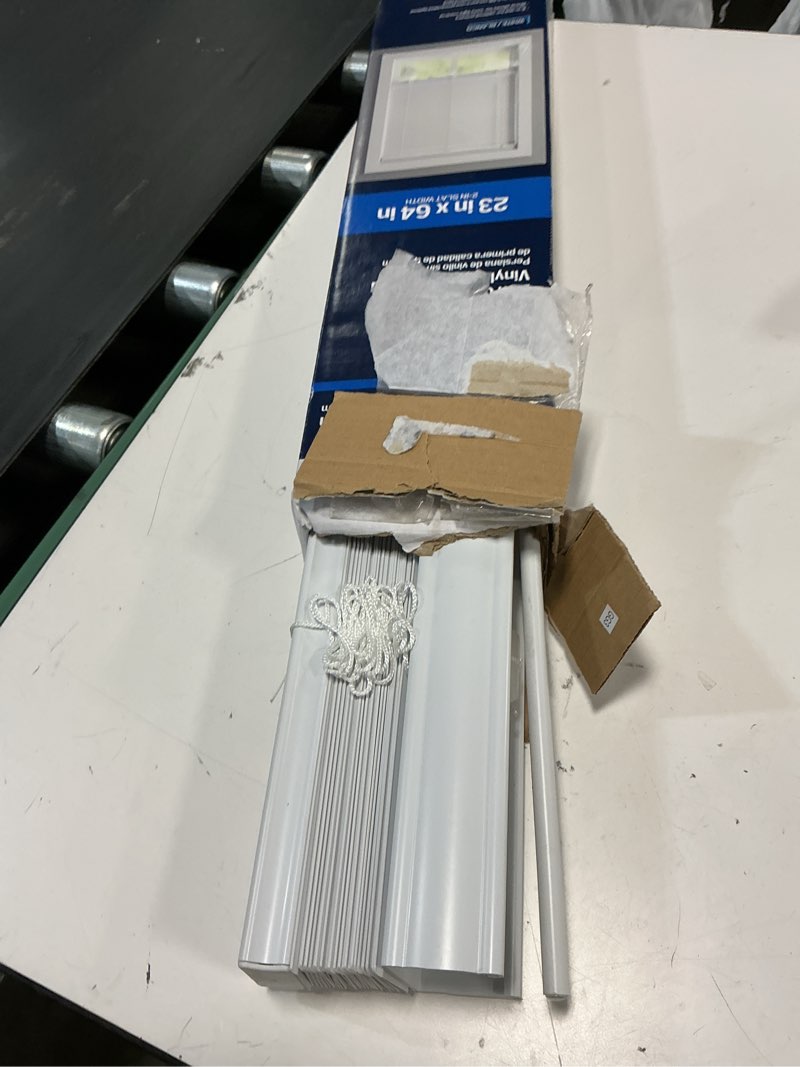 Condition photo showing As Is for  project source premium 2-in slat width 23-in x 64-in cordless white vinyl room darkening horizontal