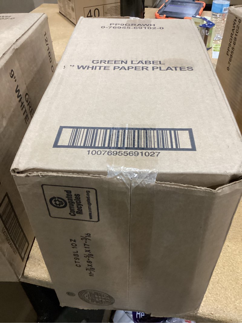 Condition photo showing New/Like New for ajm packaging corporation : paper plates, green label, 9" plate, 1200/ct, white -:- sold as 2 packs of - 100 - / - total of 200 each