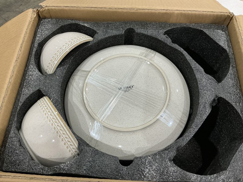 Condition photo showing As Is for le tauci dinnerware ceramic dish  with plates and bowls | oven/dishwasher/microwave safe | ideal for housewarming | reactive beige (10\" plate+8\" dish+27oz bowl) 12 reactive beige