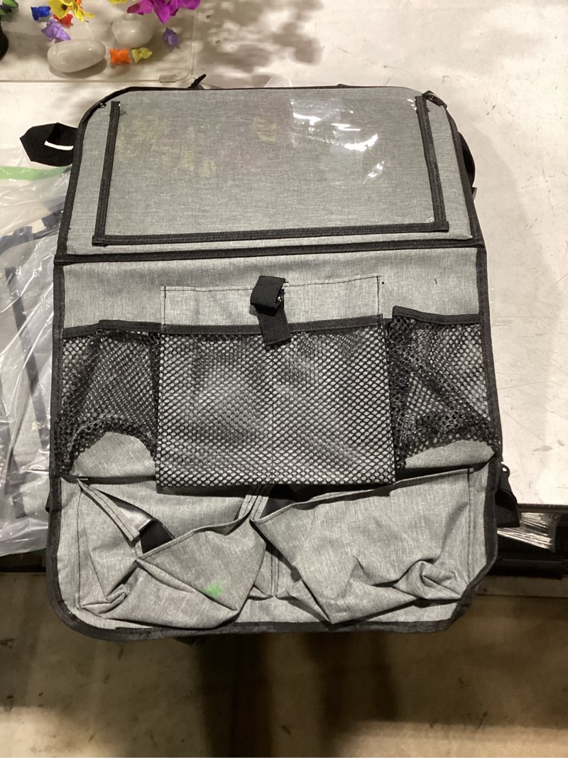 Condition photo showing Good Condition for plzpik car backseat organizer with tablet holder,11 storage pockets with foldable food tray, protector kick mats for kids, travel accessories organizer (gray, 2pack with food tray) gray 2pack