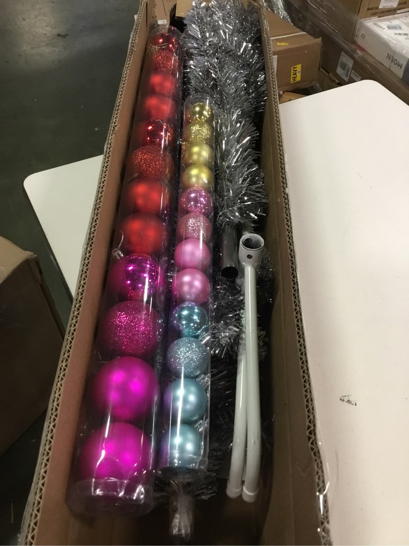 Condition photo showing Good Condition for wellwood 6 ft silver tinsel pencil christmas tree with 24ct ornament set & metal stand