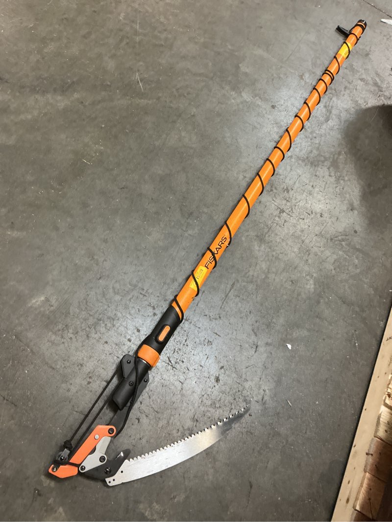 Condition photo showing As Is for laanpole 26ft pole saw, telescoping tree trimmer with 5-20ft extension pole, manual branches pruner for backyard