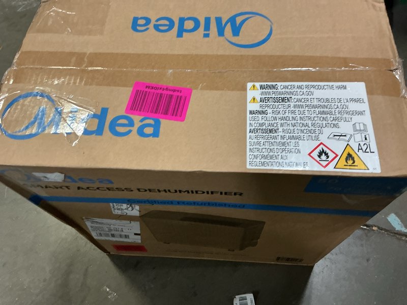 Condition photo showing New/Like New for restored midea dehumidifier  50 pint  up to 4 500 sq ft  built-in pump  wi-fi and alexa  white