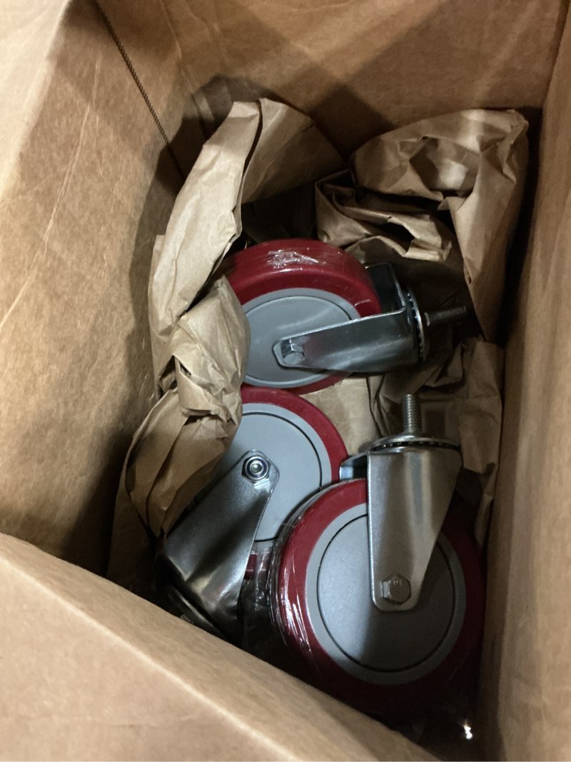 Condition photo showing As Is for finnhomy swivel caster wheels 5 inch threaded stem casters set of 4 heavy duty 1/2\\\"-13 x 1 anti-wear polyurethane industrial castor wheels for cart/furniture load bearing 2200 lbs smooth casters red 5 inch 1/2\\\"-13x1\\\"(no brake)( incomplete 3 pieces only)