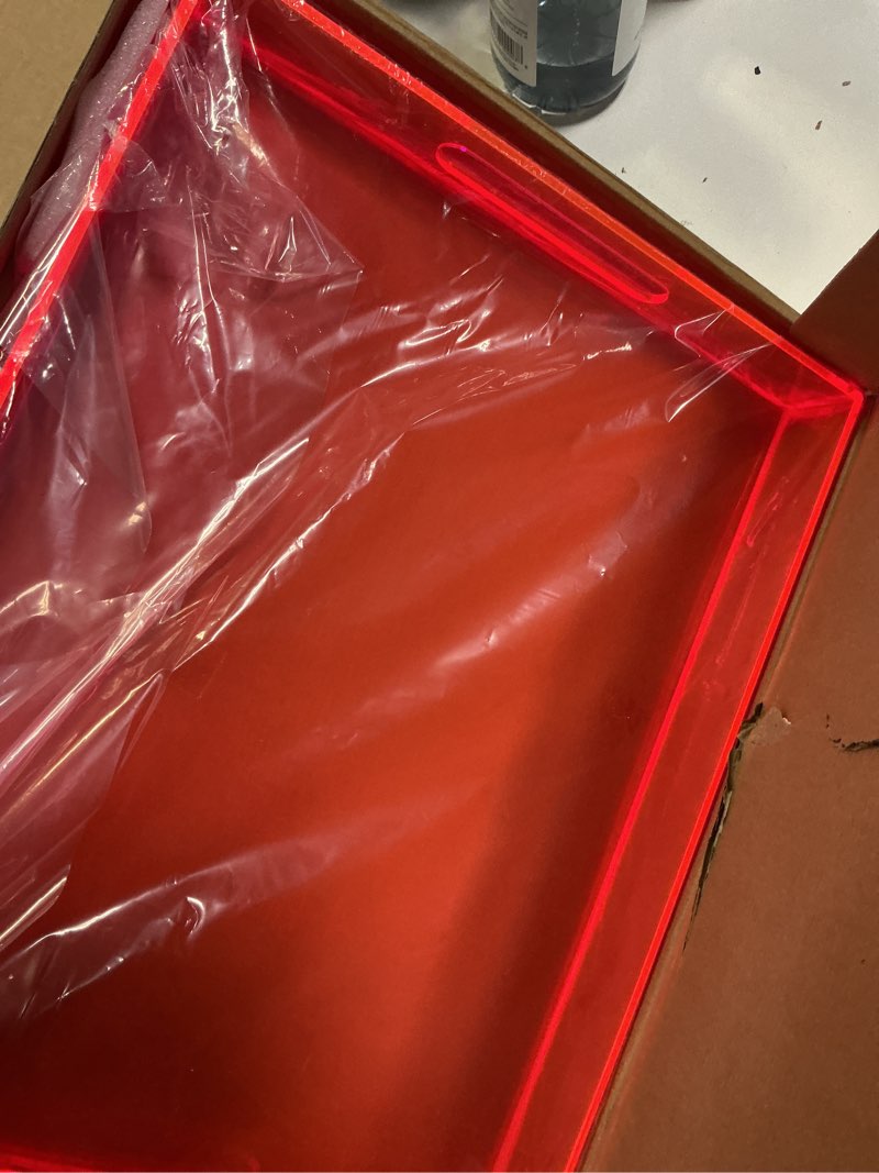 Condition photo showing New/Like New for Large Acrylic Tray Ottoman Coffee Table Tray with Handles 17x13'' Decorative Serving Platter for Food Tea Dinner Snack Eating Bar Party, Neon Pink