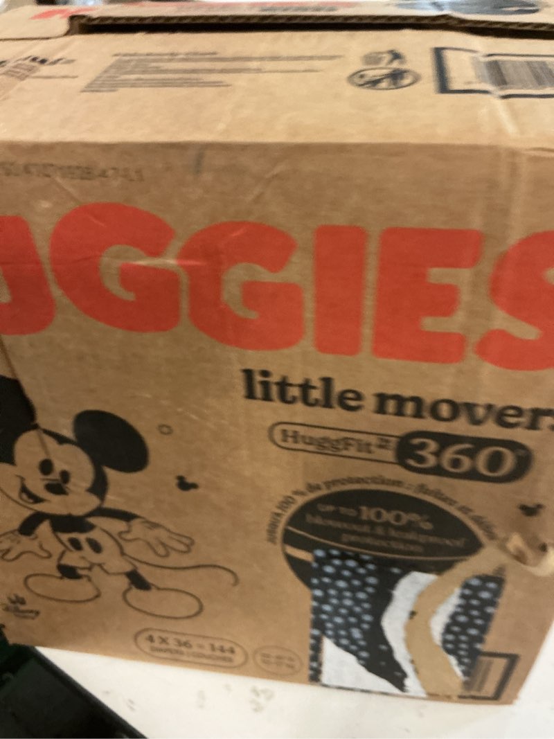 Condition photo showing New/Like New for huggies size 4 baby diapers, little movers huggfit 360° baby diapers with 360° waistband, size 4 (22-37 lbs), 144 count (4 packs of 36), packaging may vary size 4 144