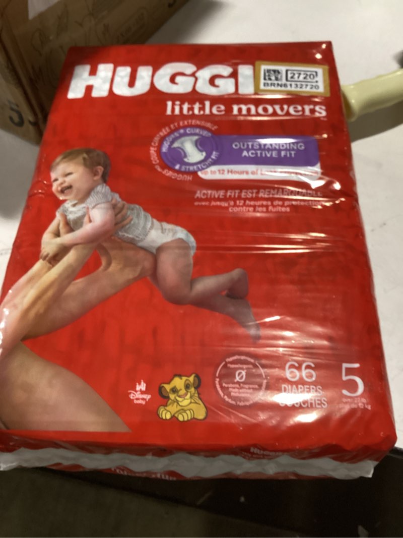 Condition photo showing Good Condition for huggies size 5 diapers, little movers baby diapers, size 5 (27+ lbs), 132 count pack of 66), packaging may vary size 5 132