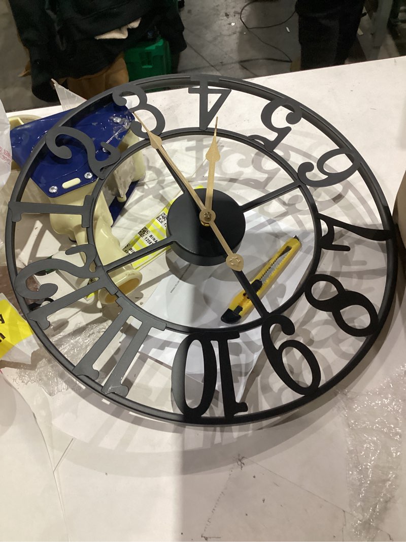 Condition photo showing Good Condition for 16 Inch Large Outdoor Clock, Silent Battery Operated Modern Wall Clock, Black Metal Decorative Clock for Patio, Porch, Pool Area, Farmhouse, Living Room