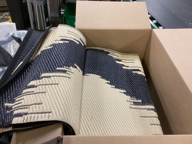 Condition photo showing As Is for cooltop 9'x12’ outdoor rug for patios porches, waterproof plastic camping rugs, modern reversible mat, large area rugs for backyard, deck, rv, balcony, picnic, beach, black & beige black&beige 9' x 12' (rectangular)
