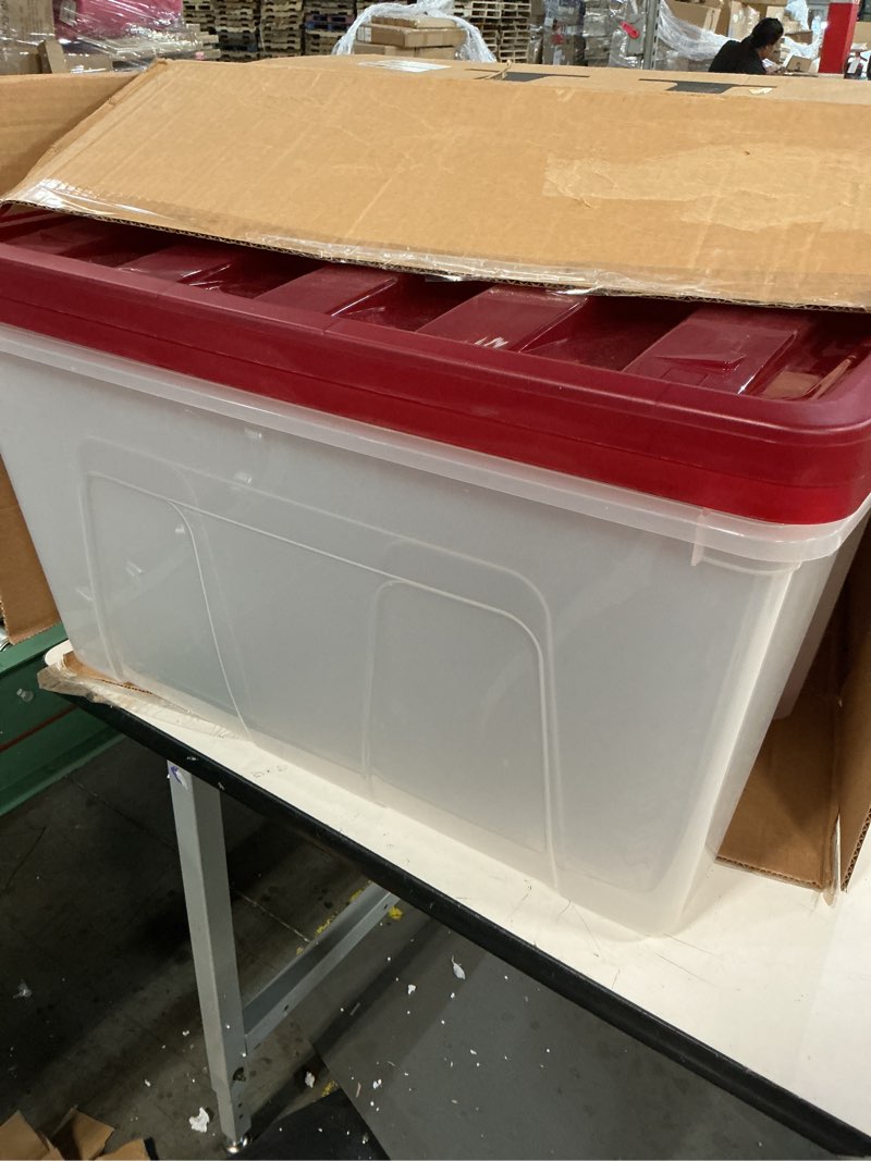 Condition photo showing Good Condition for IRIS USA 94 Qt. Stackable Plastic Storage Bins with Lids, 2 Pack - BPA-Free, See-Through Organizing Solution, Latches, Durable Nestable Containers, Secure Pull Handle, Made in USA - Red 94 Qt. - 2 Pack Buckled Lid