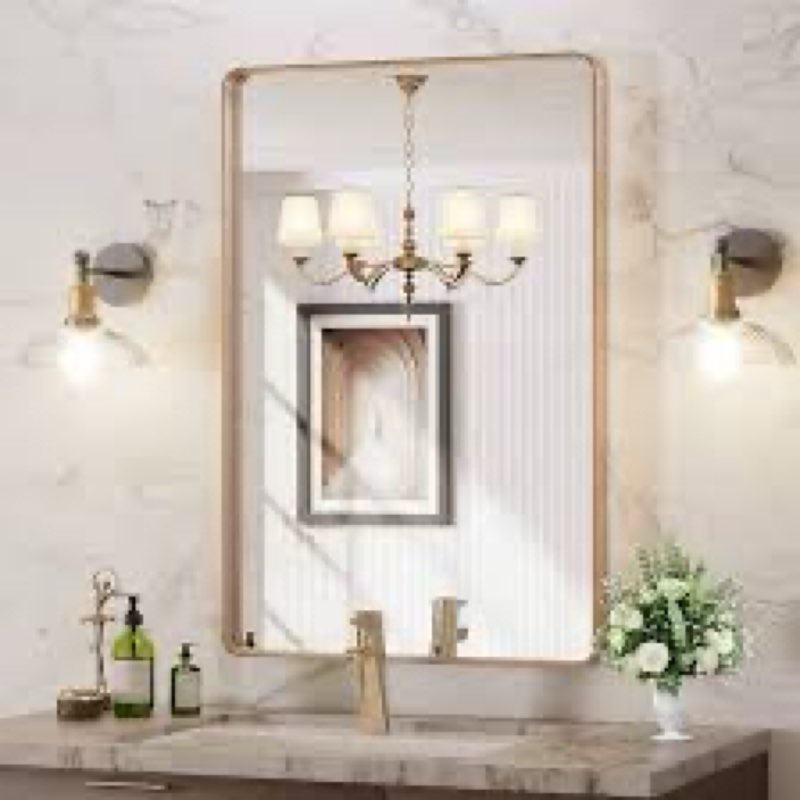 LOAAO 24”X36” Gold Bathroom Mirror, Rounded Rectangle Gold Frame Mirror, Brushed Gold Bathroom Vanit