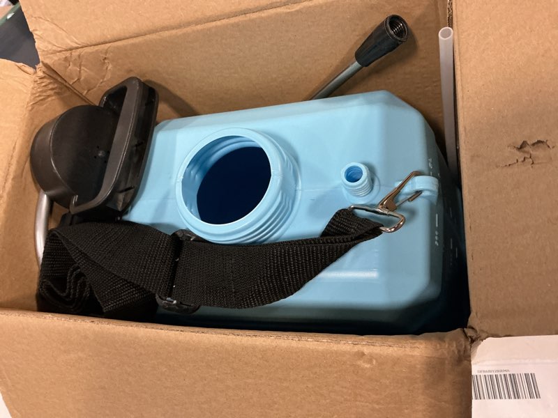 Condition photo showing As Is for battery powered garden sprayer 2 gallon, 7.4v powerful electric pump sprayer, weed sprayer with usb rechargeable handle, 5 mist nozzles, retractable wand, adjustable strap for lawn, garden, yard blue