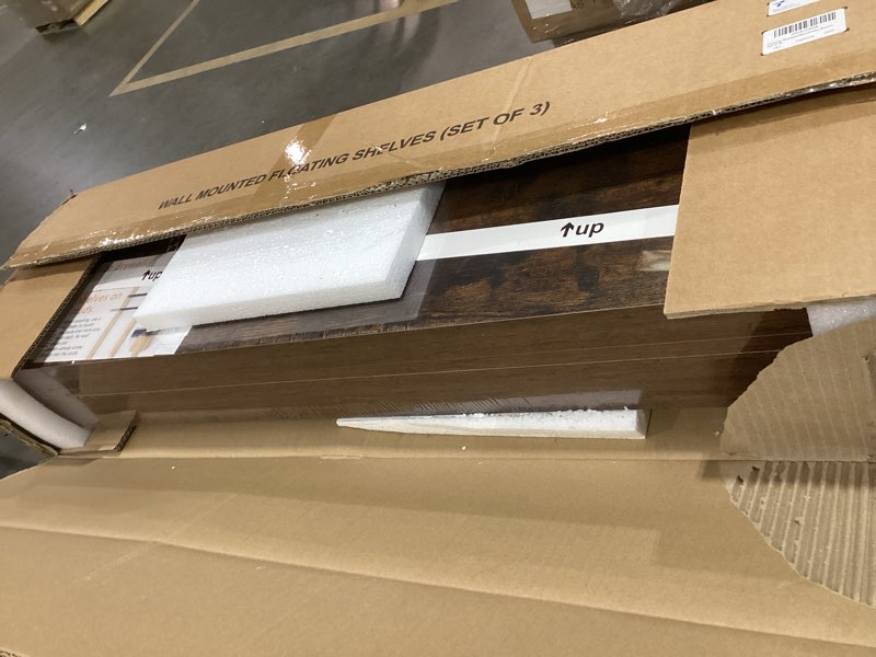 Condition photo showing As Is for BAYKA Floating Shelves for Wall, 36 inches Wall Mounted Wood Shelves for Bathroom, Bedroom, Living Room, for Storage/Decor with 30lbs Capacity - Rustic Brown,Set of 3 B. Rustic Brown - Americana Farmhouse Style 36inches