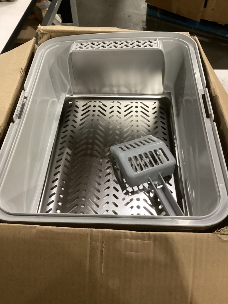 Condition photo showing As Is for stainless steel sifting litter box for pine pellets, sifting cat litter box with sifter, high side for small cats, anti-leakage, odor control, includes scooper, 17.7" x 13.8" x 11" ?s?17.7" x 13.8" x 11"