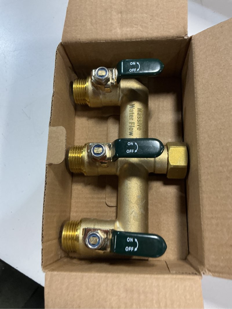 Condition photo showing Good Condition for 3 way hose splitter, heavy duty full flow garden water hose bib spigot splitter, brass rust and freeze resistant outdoor faucet splitter, t adapter connector with 3/4 - inch ght thread ?green?