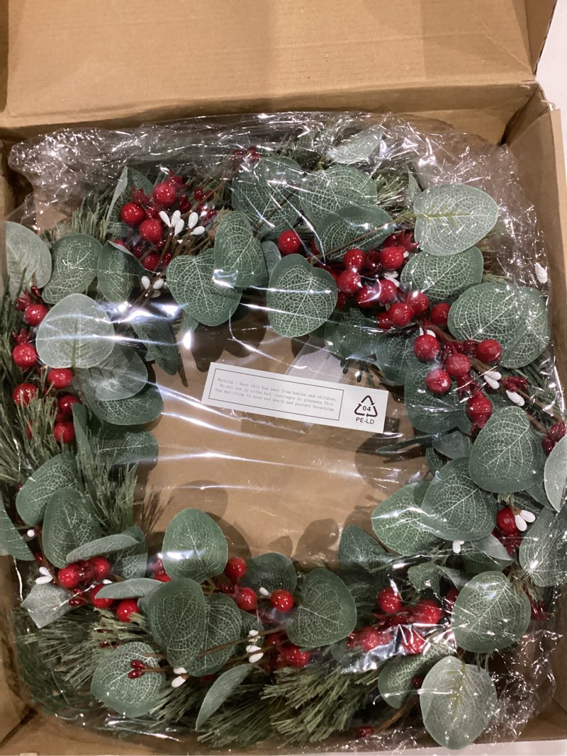 Condition photo showing New/Like New for DN DECONATION 20 Inch Lighted Chirstmas Wreaths for Front Door, Artificial Winter Wreath with Lights, Eucalyptus Berry Wreath with Pine Cones for Indoor Outdoor Xmas Wreaths Home Decor