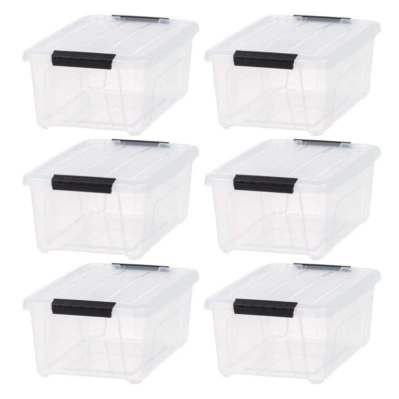 iris 13.5qt 6pk plastic storage bins with lids and latching buckles: clear, stackable, universal storage