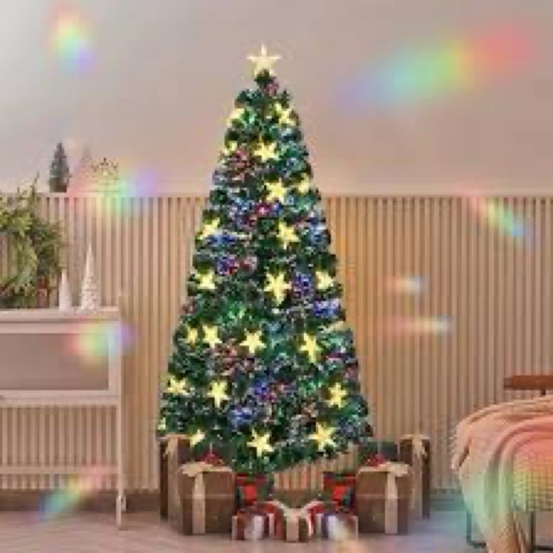 Juegoal 6 ft Pre-Lit Optical Fiber Christmas Artificial Tree, RGB Color Changing LED Lights, Snowfla
