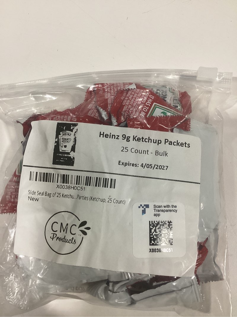 Condition photo showing As Is for Concession Essentials Ketchup- Heinz Single Serve Packages .32 Ounces (Pack of 25)