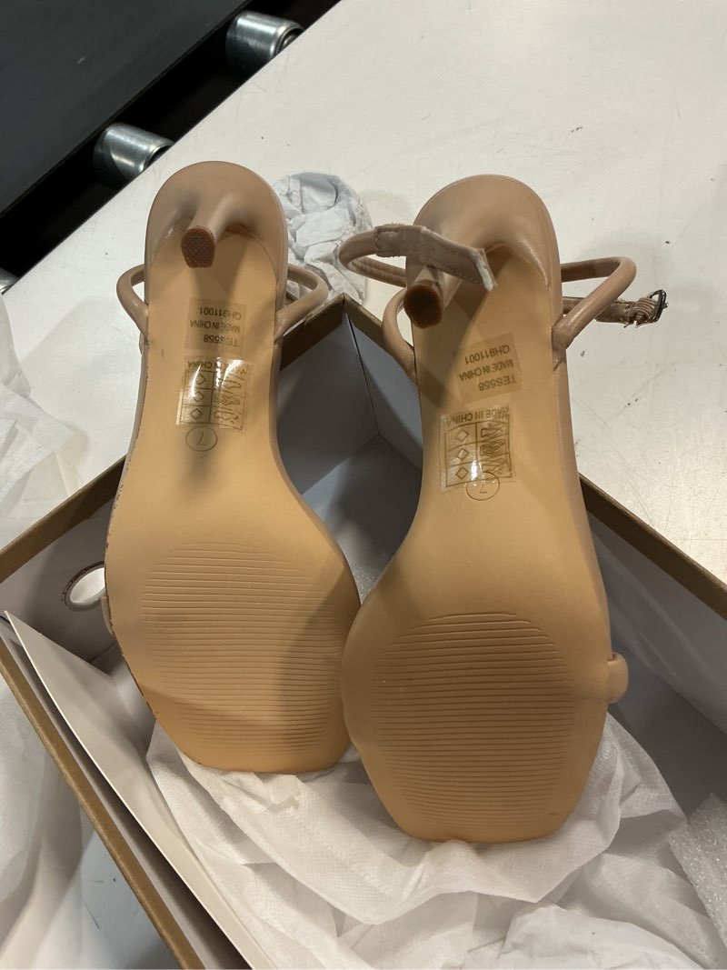 Condition photo showing Good Condition for elisabet tang women’s stilettos heeled sandals open square toe heels,4 inch open toe strappy sexy high heels ankle strap buckle heels for party wedding dress daily wear shoes 7 nude
