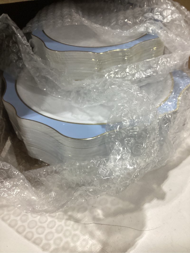 Condition photo showing Good Condition for realluck 100 pcs white and blue disposable plates for 50 guests, scalloped plastic plates include 50 dinner plates and 50 dessert plates for party, wedding and graduation 100 blue