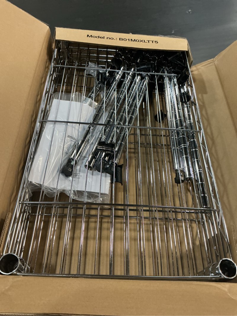 Condition photo showing As Is for Amazon Basics 3-Shelf Adjustable Heavy Duty Steel Wire Rack Storage Shelving Organizer for Kitchen, Garage, 23.2" L x 13.4" W x 30" H, Chrome 3-Shelf Narrow Chrome