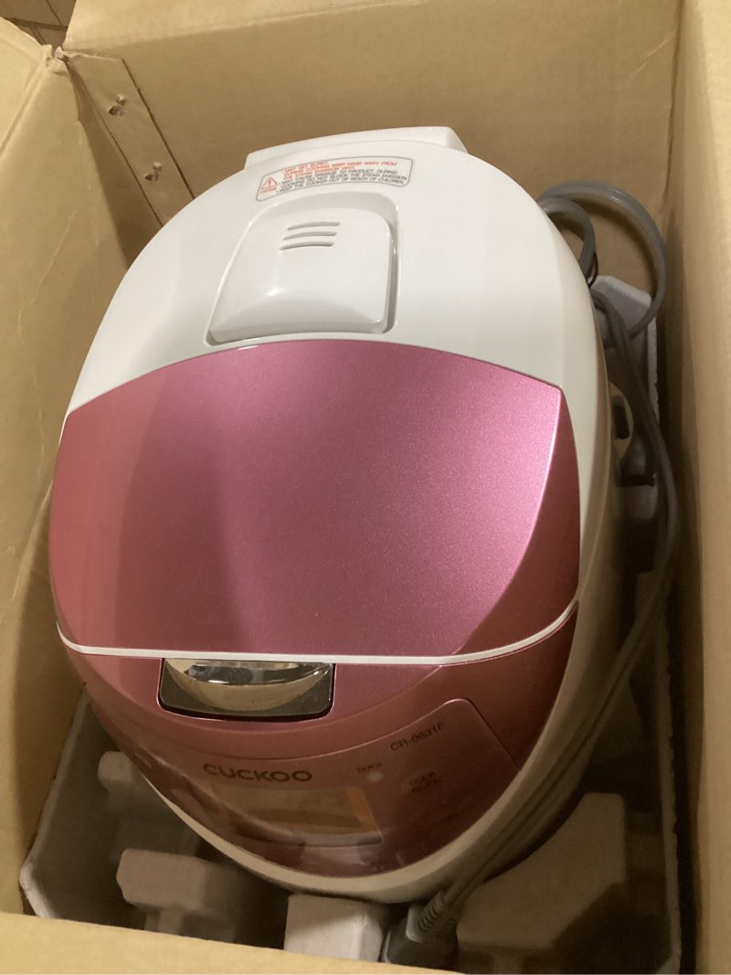 Condition photo showing Good Condition for cuckoo micom rice cooker 6 cup uncooked / 12 cup cooked, korean fuzzy logic rice cooker with delay timer & keep warm setting, versatile food steamer with non-stick inner pot, pink (cr-0631f) white/pink