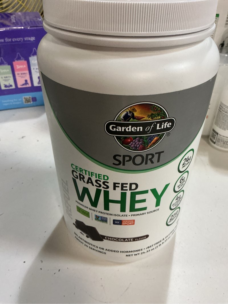 Condition photo showing New/Like New for garden of life sport whey protein powder chocolate, premium grass fed whey protein isolate plus prob bb 09/2026