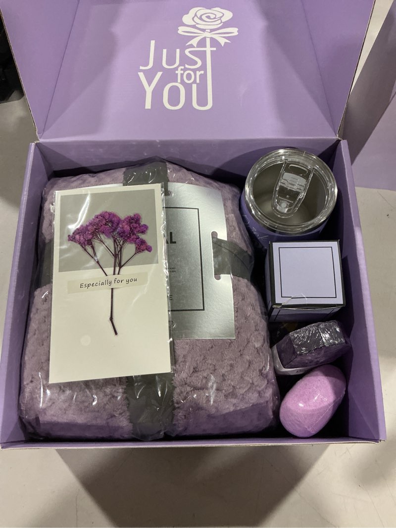 Condition photo showing Good Condition for birthday gifts for women, self care get well soon gifts, lavender relaxing spa gift basket care package w blanket, valentines mothers day christmas gifts for mom grandma wife girlfriend friends sister purple