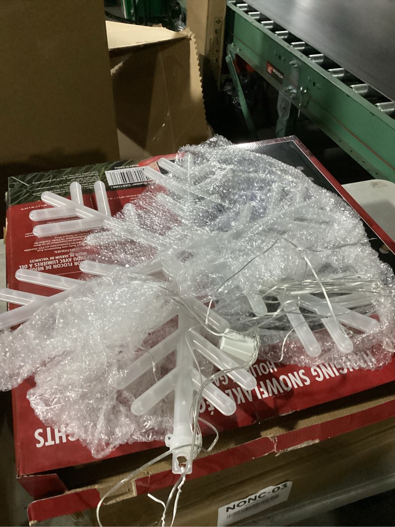 Condition photo showing Good Condition for Alpine Corporation 24" Tall Indoor/Outdoor Hanging Snowflake Decoration with 102 LED Lights, Winter Ornament Christmas Holiday Decor Cool White Snowflake