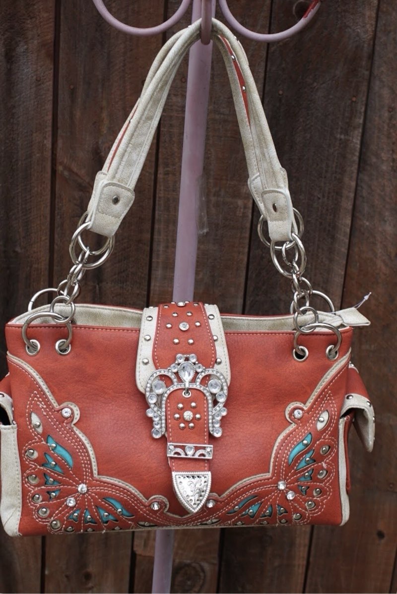 orange and turquoise studded accented western style satchel handbag