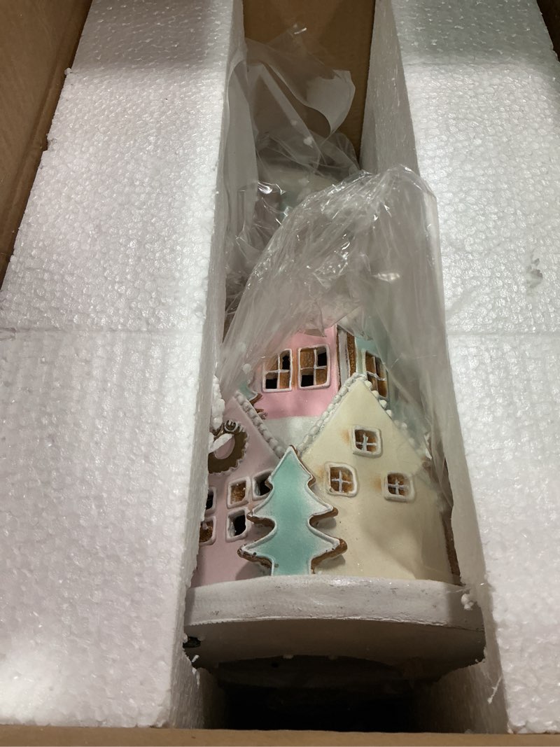 Condition photo showing Good Condition for Braxio Indoor Christmas Decorations Resin Gingerbread House with LED Light - Traditional Cottage & Church Village Collectible Figurines, 9.5 x 9.5 x 16.5 Inch, Pink Pink House a