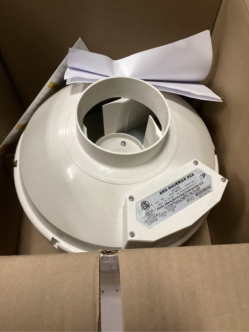 Condition photo showing As Is for festa amg maverick ecs radon fan - 4" installation kit - speed controllable - quiet and energy efficient radon mitigation inline fans - electronically commutated motor- high performance 4" duct fan maverick ecs 4x4