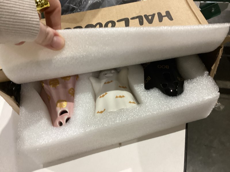 Condition photo showing New/Like New for Halloween Decorations Indoor, Set of 3 Ceramic Halloween Ghosts with Witch Hats, Cute Spooky Lighted Decor Ghost Figurines Witch Hat Scary Pumpkin Bats Boo for Home Mantel Shelf Table Decor