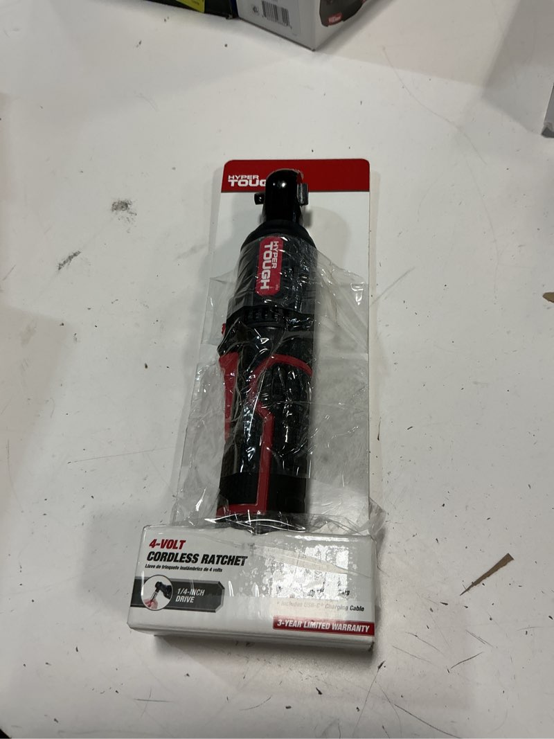 Condition photo showing As Is for hyper tough 4v cordless ratchet with 2.0ah lithium-ion battery, 1/4-in drive