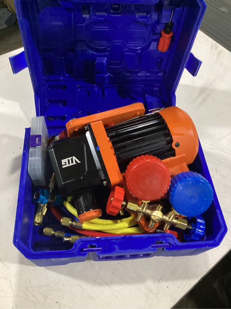 Condition photo showing Good Condition for vtg vogten 4.5 cfm ac vacuum pump and gauge set,ac vacuum pump kit | for mini split/hvac/auto systems,fits r134a r12 r22 r502,w/3 hoses,trifold storage case,2 r134a can taps,quick couplers