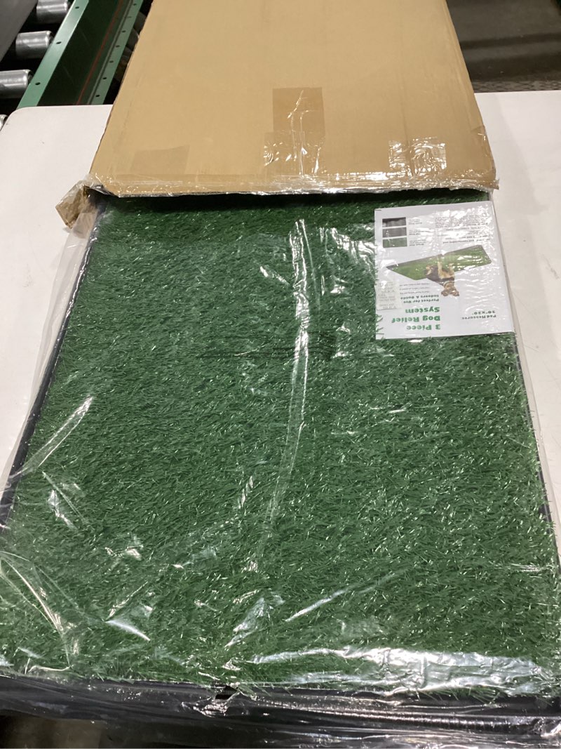 Condition photo showing New/Like New for artificial grass puppy pee pad for dogs and small pets - 20x30 inch, reusable 3-layer turf pads for dogs with tray - indoor and outdoor fake grass potty pet supplies by petmaker
