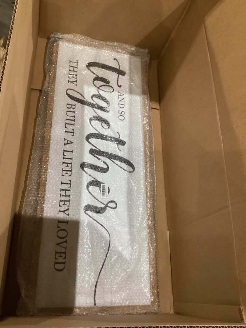 Condition photo showing Good Condition for And So Together They Built A Life They Loved Decorative Rustic Sign & Plaque Framed Wall Art for Couples, 40''×15'' Vintage Wooden Horizontal Wall Decor Above Bed, Farmhouse Wedding Gift Natural Frame 40"L x 15"W They Built A Life They Loved