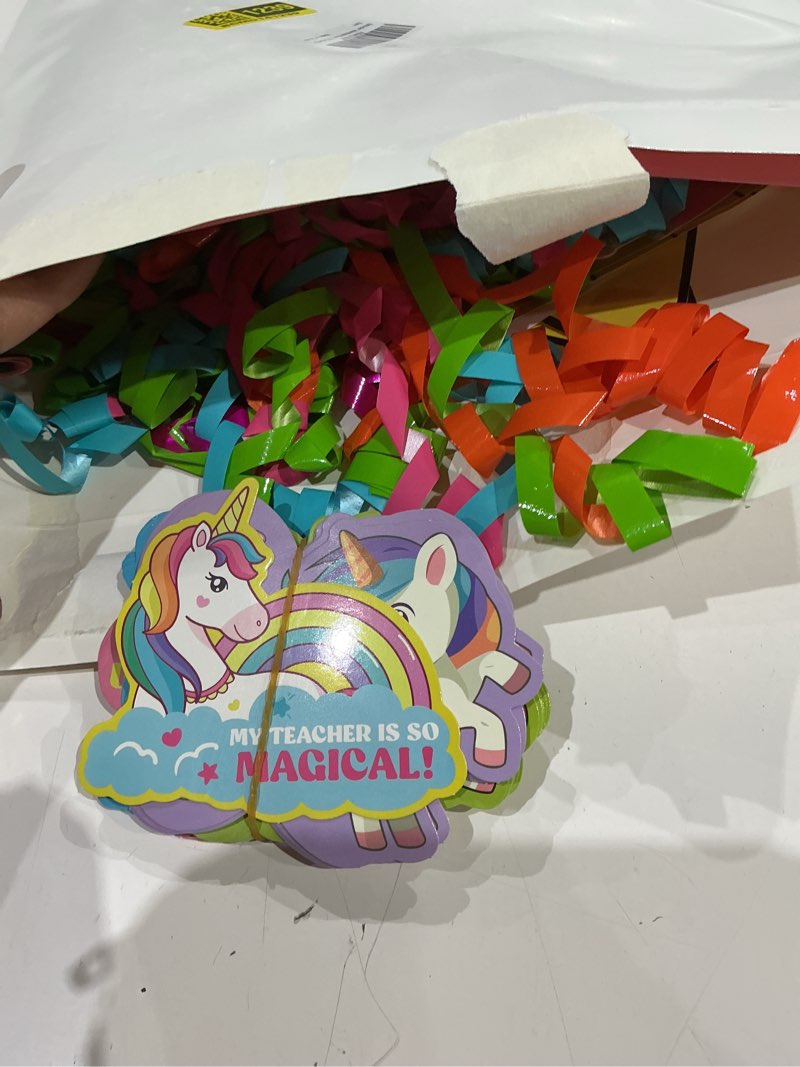 Condition photo showing As Is for unicorn valentines day box and cards for kids school, valentines day cards gifts for kids classroom exchange, school party favors (1 unique pink box, 32 valentine cards, 1 teacher card)