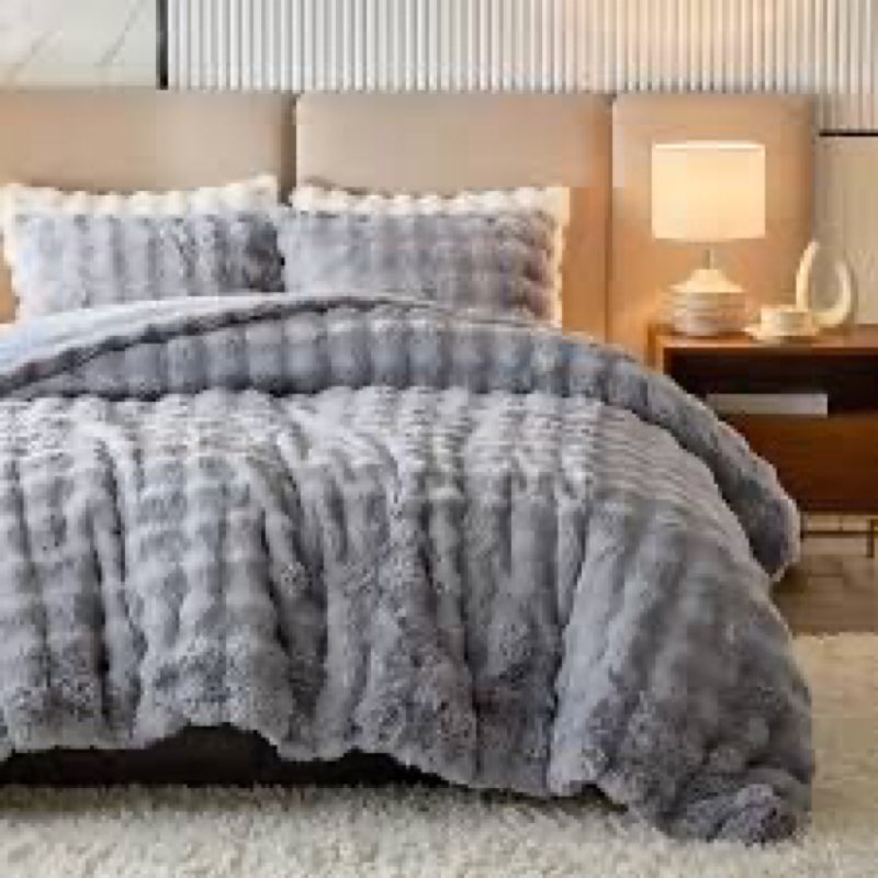 Wonderful 3 Pieces Fluffy Faux Rabbit Fur Bubble Comforter Set King Size, Tie-Dyeing Multiple Grey P